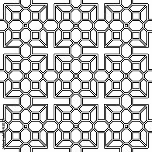 Seamless abstract geometric pattern, consisting of interconnected square and octagonal shapes arranged regularly and symmetrically in black and white. Suitable for various creative projects.