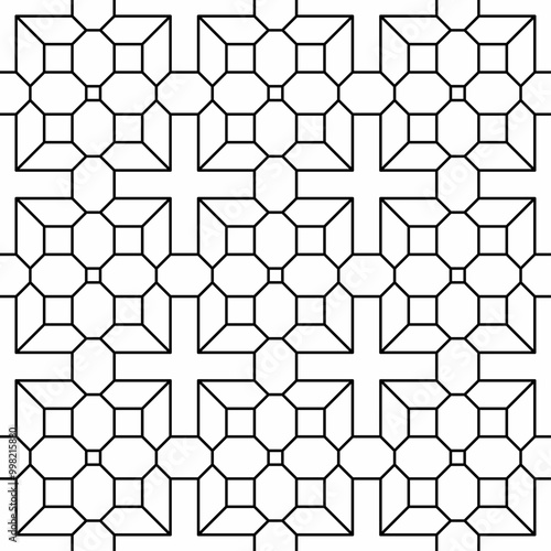 Seamless abstract geometric pattern, consisting of interconnected square and octagonal shapes arranged regularly and symmetrically in black and white. Suitable for various creative projects.