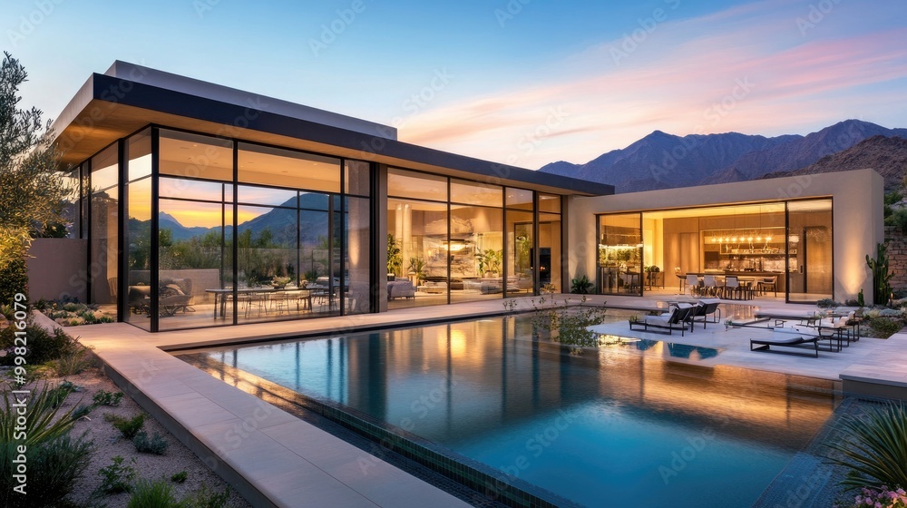 A luxury home featuring large glass windows, a tranquil garden, and a chic modern pool, bathed in warm evening light with a distant mountain range under the setting sun. A luxury home featuring large glass windows, a tranquil garden, and a chic modern pool, bathed in warm evening light with a distant mountain range under the setting sun.