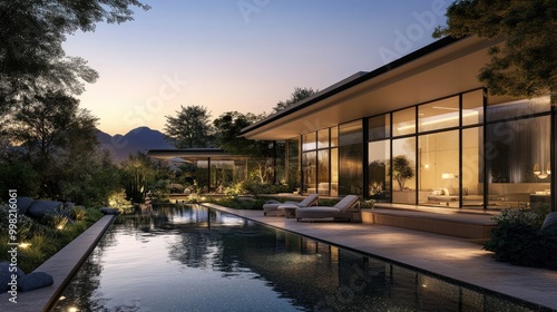 A luxury home featuring large glass windows, a tranquil garden, and a chic modern pool, bathed in warm evening light with a distant mountain range under the setting sun.