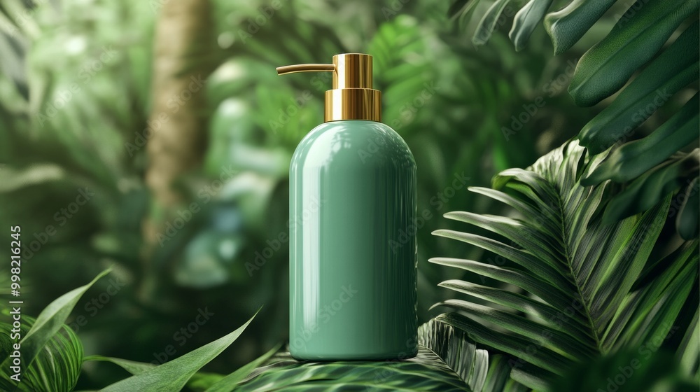 A green bottle of lotion is sitting on a leafy green background A green bottle of lotion is sitting on a leafy green background