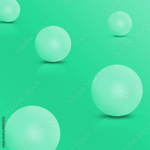 Five white spheres, balls or orbs in studio. 3D vector objects with dropped shadow on mint background. Presentation mock up for your product. Interior 3d render.