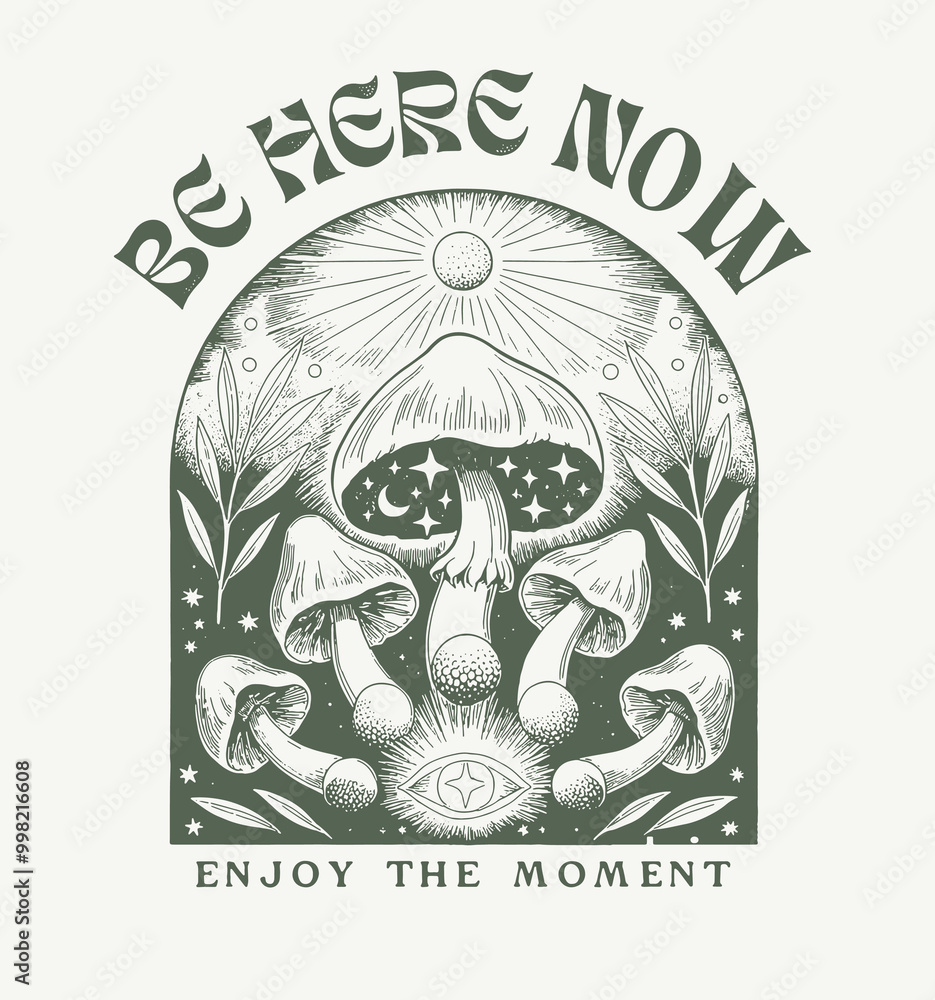 Obraz premium .Retro 70's psychedelic hippie mushroom illustration print with groovy slogan for man - woman graphic tee t shirt or sticker poster - Vector 