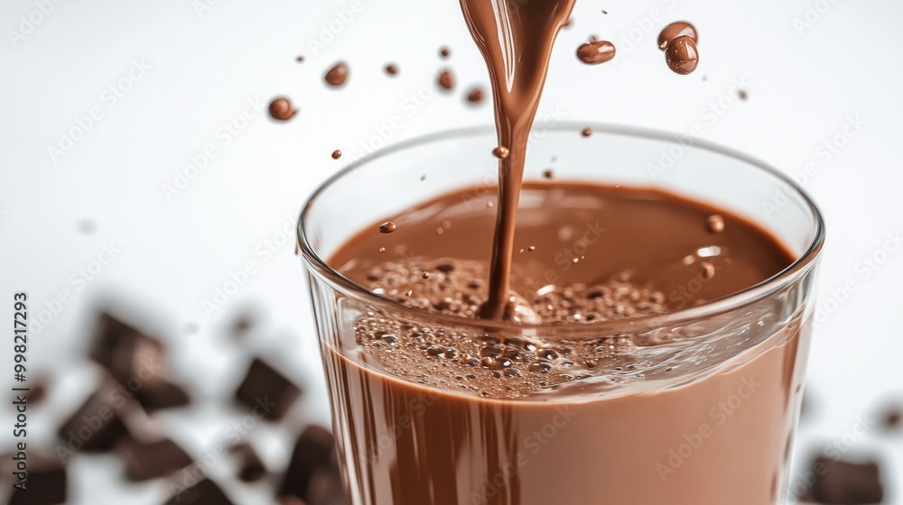 A glass of chocolate milk with chocolate powder on the table A glass of chocolate milk with chocolate powder on the table