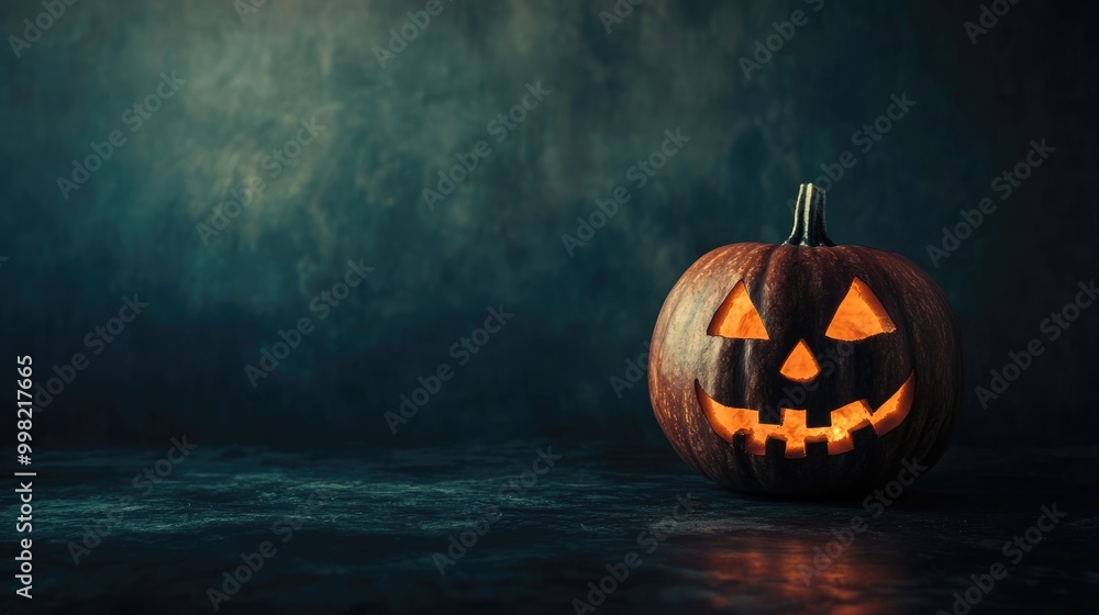 Naklejka premium Halloween pumpkin on dark backdrop with blank space for text
