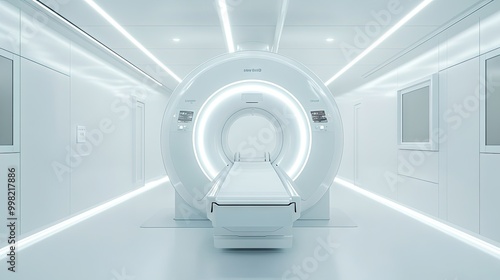 A modern MRI scanner positioned in the center of a clean, minimalist medical room with white walls and bright LED lighting, focusing on simplicity and functionality.