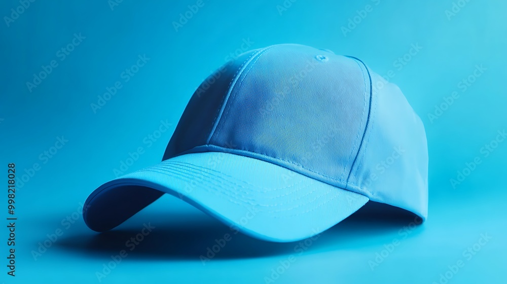 A light blue baseball cap on a blue background. A light blue baseball cap on a blue background.