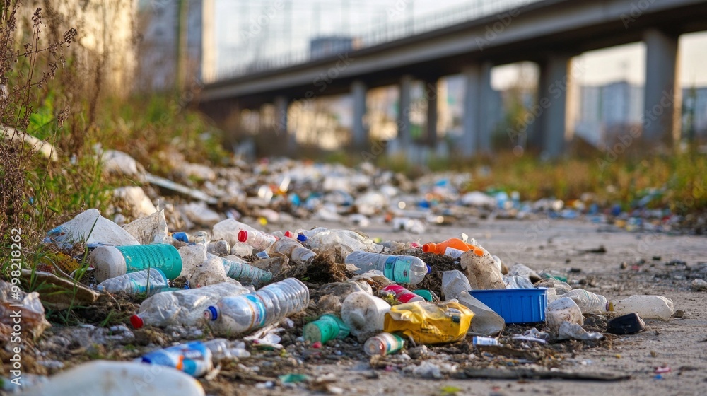 Obraz premium A pile of trash on the ground, including plastic bottles and a yellow container