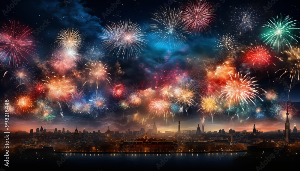 Obraz premium Spectacular fireworks illuminate the city skyline during a festive celebration at night