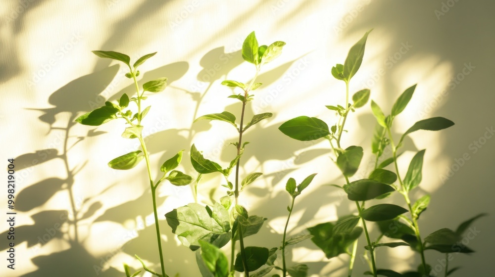 Obraz premium Green Plant Stems With Leaves Cast Shadows on White Wall