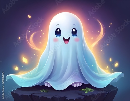 Cute animated shy ghost character with glowing eyes and gentle smile. Halloween