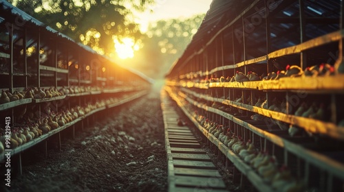 Egg farm with rows of chicken coops