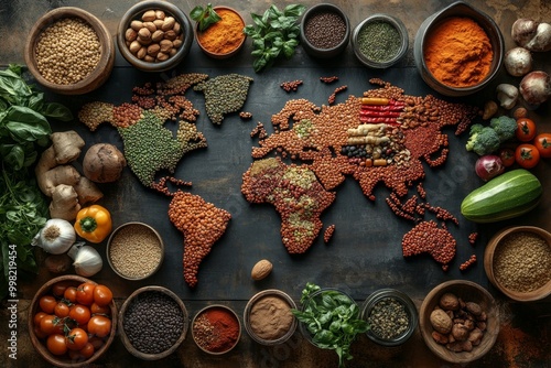 Fototapeta Naklejka Na Ścianę i Meble -  Diverse range of global cuisines. Top view of world map made of food ingredients and vegetables.