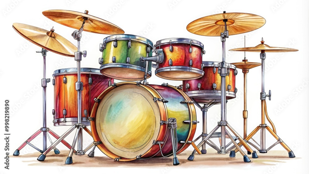 Vibrant Hand-Drawn Illustration of a Complete Drum Set with Sticks and Cymbals on a White Background Vibrant Hand-Drawn Illustration of a Complete Drum Set with Sticks and Cymbals on a White Background