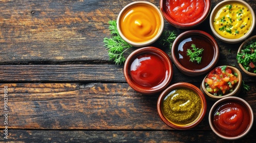 A close-up of a colorful array of sauces in small bowls, including ketchup, mustard, barbecue, and salsa, beautifully arranged on a rustic wooden table for a summer barbecue.