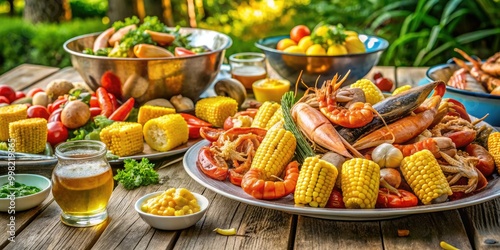 Vibrant Lowcountry boil spread with seafood, corn, potatoes, and spices set for an inviting outdoor feast, perfect for sharing delicious moments with friends.
