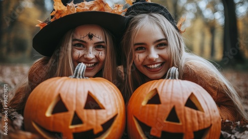 Halloween Celebrations with Witches and Pumpkins in an Autumn Forest Setting