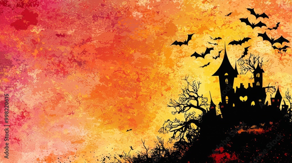 A painting of a castle with bats flying around it