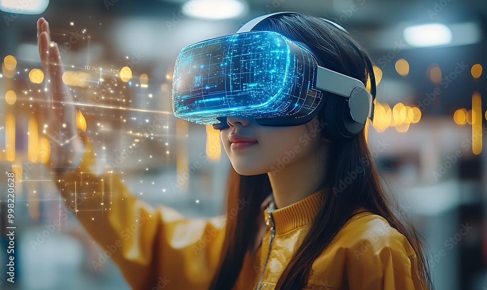 School student with VR headset using AI artificial intelligence technology & machine learning. Interactive technology in classroom. Innovation & smart tech. AI blue hologram in education School student with VR headset using AI artificial intelligence technology & machine learning. Interactive technology in classroom. Innovation & smart tech. AI blue hologram in education