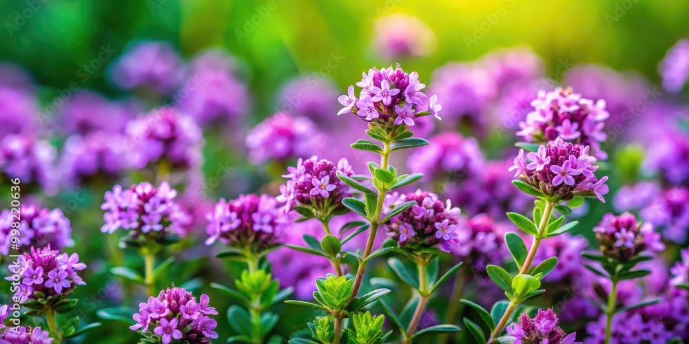 Obraz premium Thyme flowers bloom beautifully in a garden, showcasing delicate purple blossoms amidst lush green leaves, creating a serene and vibrant natural setting.