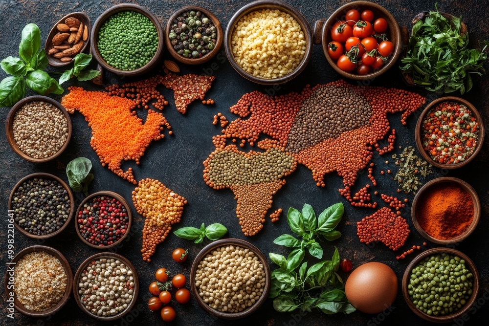 Diverse range of global cuisines. Top view of world map made of food ingredients and vegetables. Diverse range of global cuisines. Top view of world map made of food ingredients and vegetables.