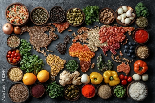 Fototapeta Naklejka Na Ścianę i Meble -  Diverse range of global cuisines. Top view of world map made of food ingredients and vegetables.