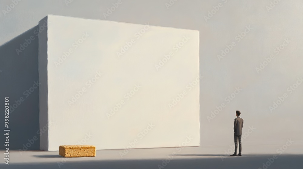 A Man Gazes at a Large White Wall with a Single Small Object in Front of It A Man Gazes at a Large White Wall with a Single Small Object in Front of It