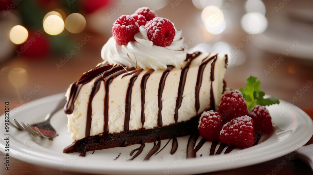 A slice of chocolate and vanilla cheesecake with raspberries on top A slice of chocolate and vanilla cheesecake with raspberries on top