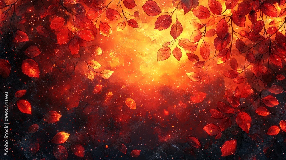 A red leafy background with a yellowish orange sky A red leafy background with a yellowish orange sky