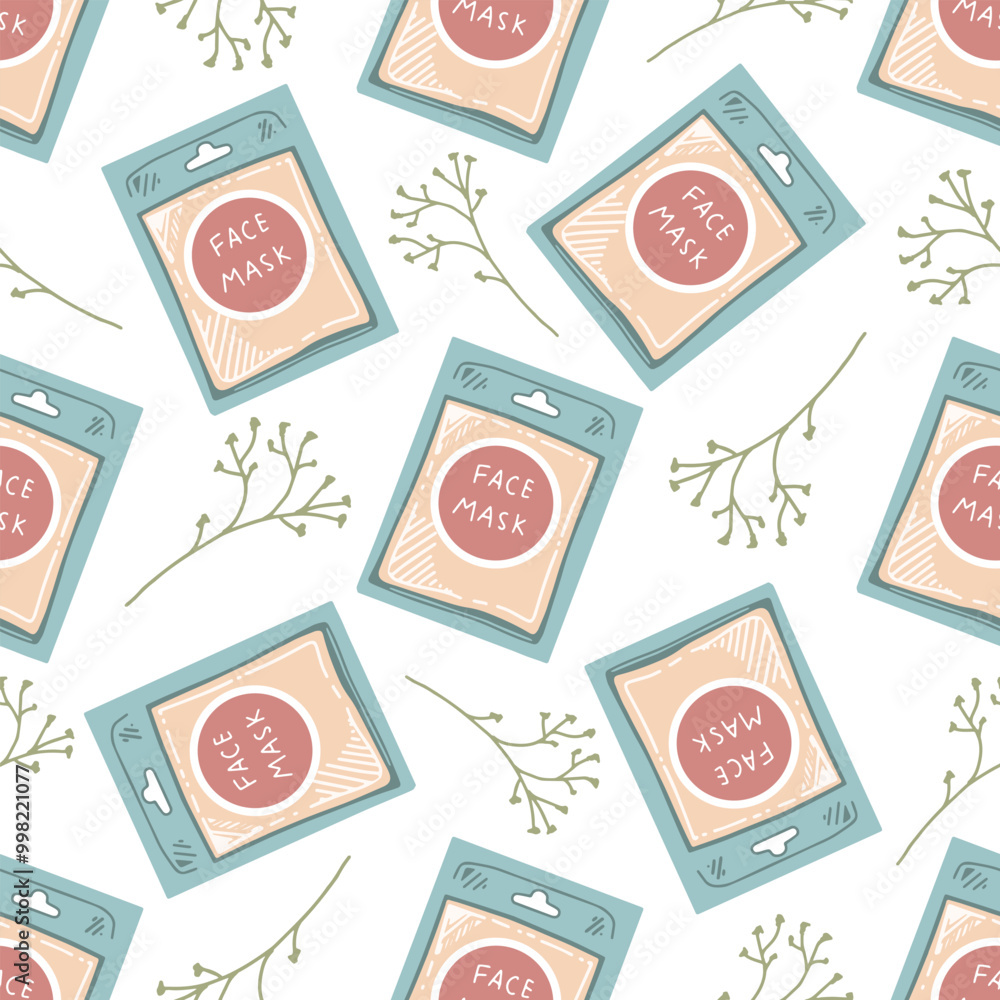 Seamless pattern flat style face mask in a package. Beauty cosmetic element, self care. Sketch style. Seamless pattern flat style face mask in a package. Beauty cosmetic element, self care. Sketch style.