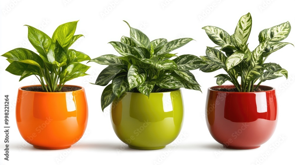 A set of three potted plants in strikingly bright containers, placed in a row, highlighting the fresh, natural beauty of indoor greenery. A set of three potted plants in strikingly bright containers, placed in a row, highlighting the fresh, natural beauty of indoor greenery.