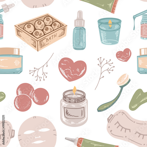 Seamless pattern of  flat style  spa, cosmetics, beauty, self-care elements. Illustration for beauty salon, cosmetic store, makeup design. Engraved image.