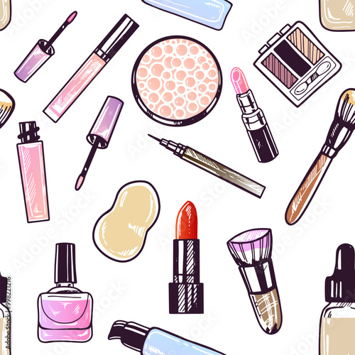 Seamless pattern of hand-drawn doodle cosmetics, beauty, self-care elements. Illustration for beauty salon, cosmetic store, makeup design. Engraved image.
