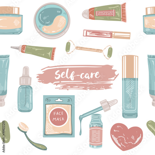 Seamless pattern of flat style cosmetics, beauty, self-care elements. Illustration for beauty salon, cosmetic store, makeup design. Engraved image.