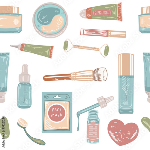 Seamless pattern of flat style cosmetics, beauty, self-care elements. Illustration for beauty salon, cosmetic store, makeup design. Engraved image.