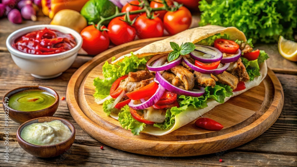 Succulent, freshly prepared döner, accompanied by vibrant vegetables and rich sauces, beautifully arranged on a rustic wooden board, invitingly ready for serving. Succulent, freshly prepared döner, accompanied by vibrant vegetables and rich sauces, beautifully arranged on a rustic wooden board, invitingly ready for serving.