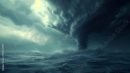 A powerful tornado forms over the ocean, with dark clouds and churning waves.