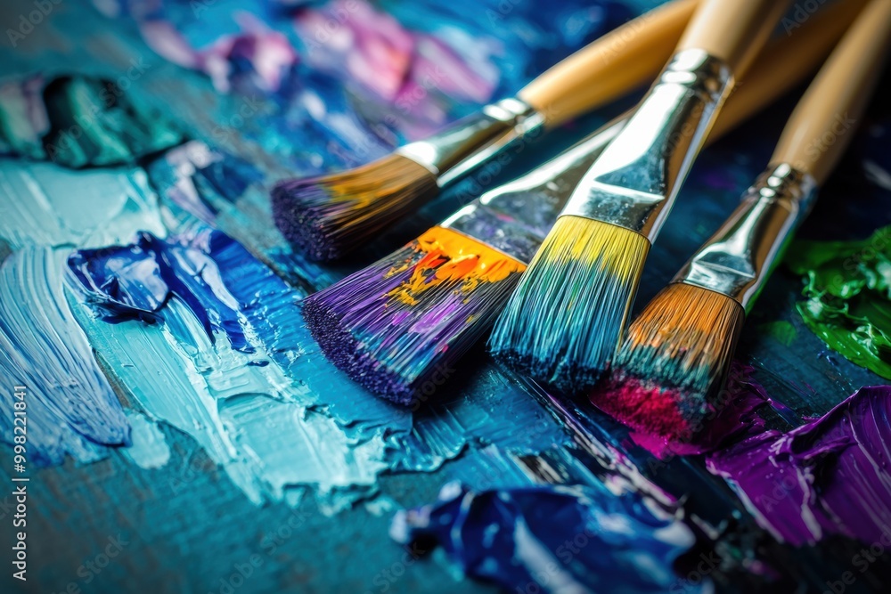Fototapeta premium Brightly colored paints and paintbrushes await use on a canvas, showcasing bold, abstract brushstrokes and creativity. Generative AI