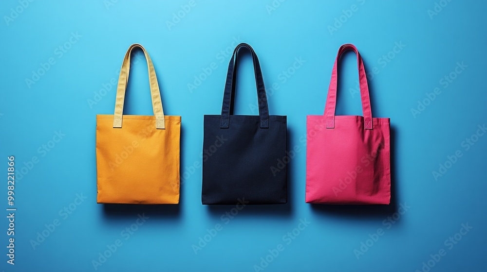 Three colorful bags are hanging on a blue wall Three colorful bags are hanging on a blue wall