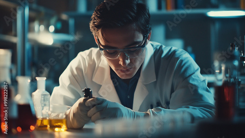 Wallpaper Mural A focused researcher analyzes chemical samples in a lab under soft lighting during evening hours Torontodigital.ca
