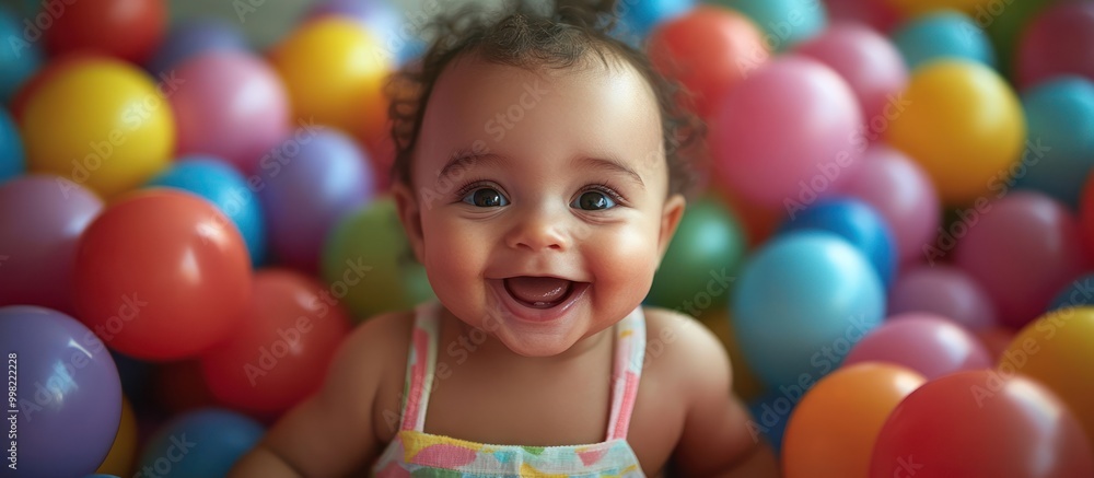 A baby girl smiles brightly as she plays in a ball pit filled with colorful balls. A baby girl smiles brightly as she plays in a ball pit filled with colorful balls.