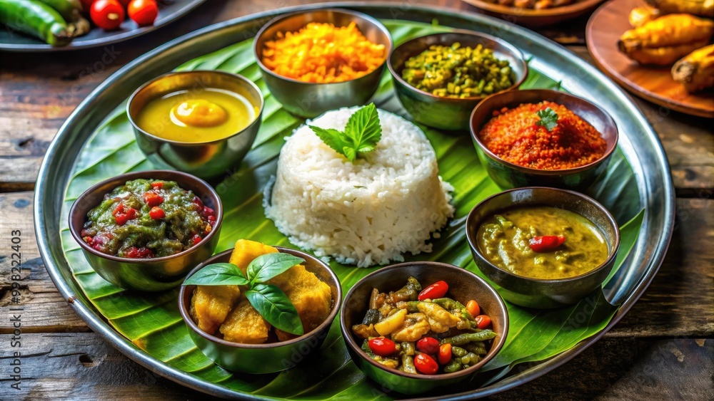 Savor a classic Nepali meal served on a leaf plate, including dal, bhat, tarkari, and vibrant pickles, perfect for a delightful lunch. Savor a classic Nepali meal served on a leaf plate, including dal, bhat, tarkari, and vibrant pickles, perfect for a delightful lunch.