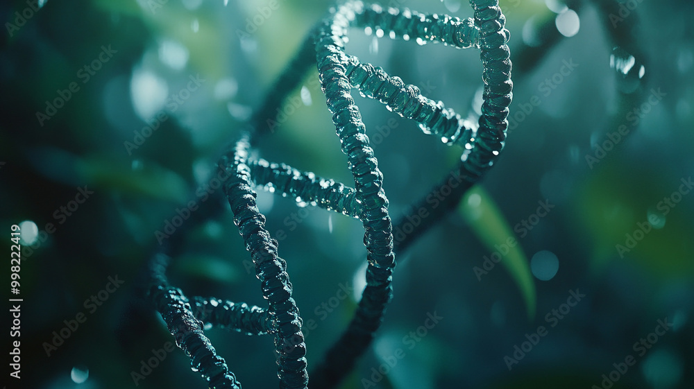 A close-up view of a DNA double helix surrounded by droplets in a lush green environment