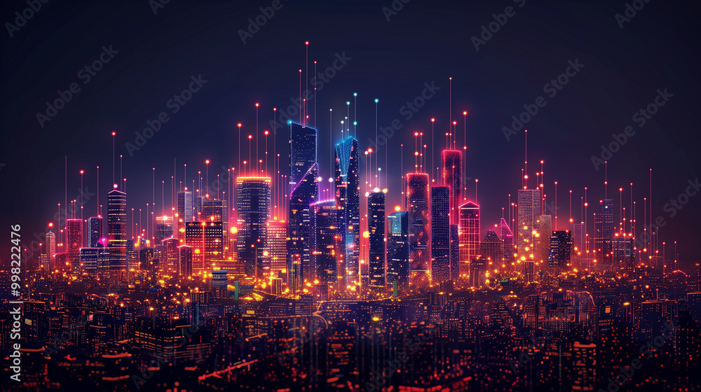 Fototapeta premium Futuristic cityscape with neon lights and digital elements.