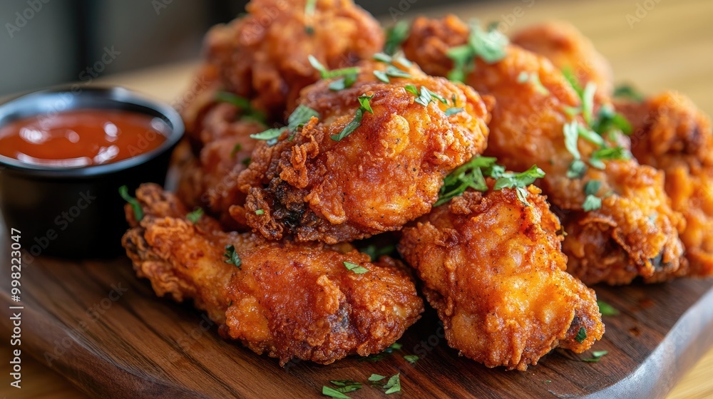 A close-up shot of crispy fried chicken pieces arranged on a wooden platter, garnished with fresh herbs and served with dipping sauces, showcasing mouthwatering textures. A close-up shot of crispy fried chicken pieces arranged on a wooden platter, garnished with fresh herbs and served with dipping sauces, showcasing mouthwatering textures.