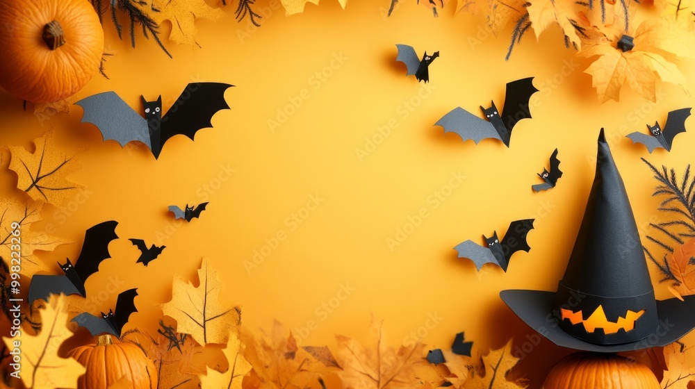 A Halloween themed background with bats and a witch's hat A Halloween themed background with bats and a witch's hat