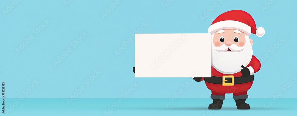 White banner on the right side, Santa Claus in a red suit holding a white sheet of paper White banner on the right side, Santa Claus in a red suit holding a white sheet of paper
