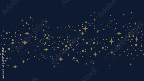Gold stars and dots seamless border on dark blue background. Starry night design for banner, poster, wallpaper, greeting card, and invitation.