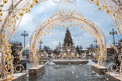 Christmas decorations on the streets of the city. Christmas holidays, winter landscape. The Bolshoi Theatre in the center of Moscow. Russia, Moscow, 2024