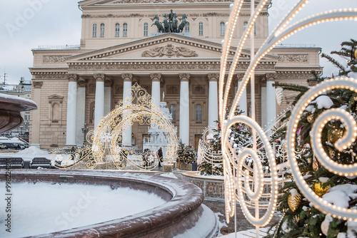 Christmas decorations on the streets of the city. Christmas holidays, winter landscape. The Bolshoi Theatre in the center of Moscow. Russia, Moscow, 2024